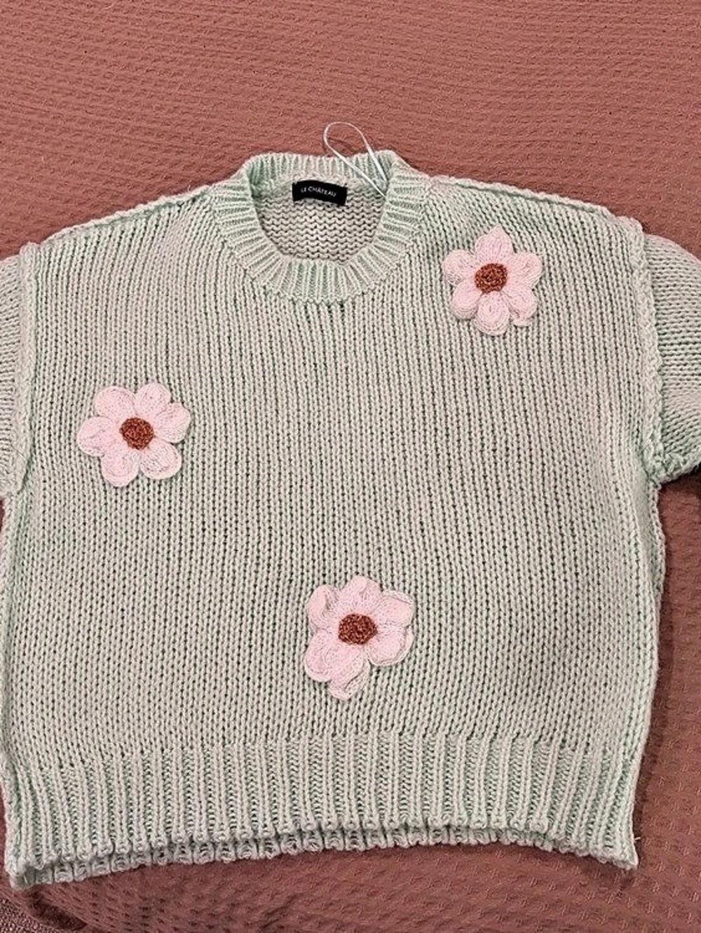 Le Château Floral Appliqué Crewneck Sweater in Green & Pink